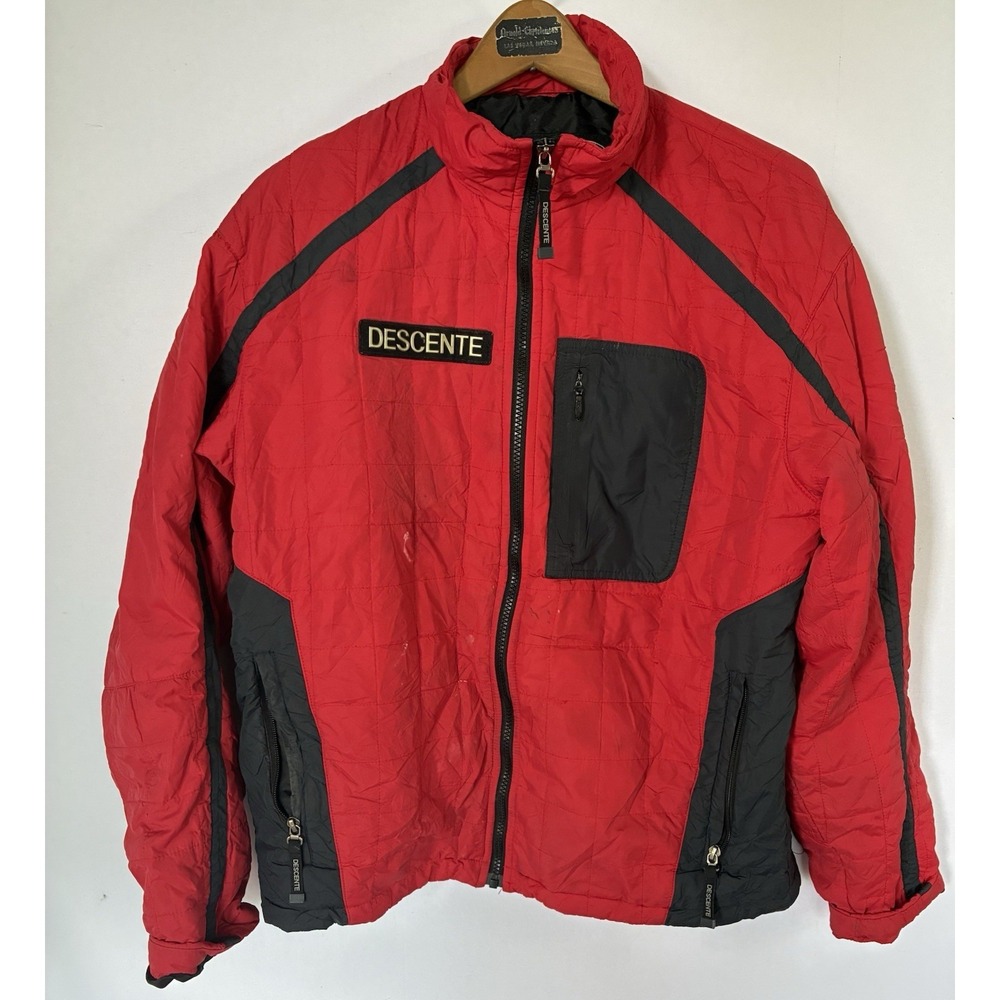 Descente Quilted Puffer Full Zip Jacket Mens Large Red Black Skiing Gorpcore